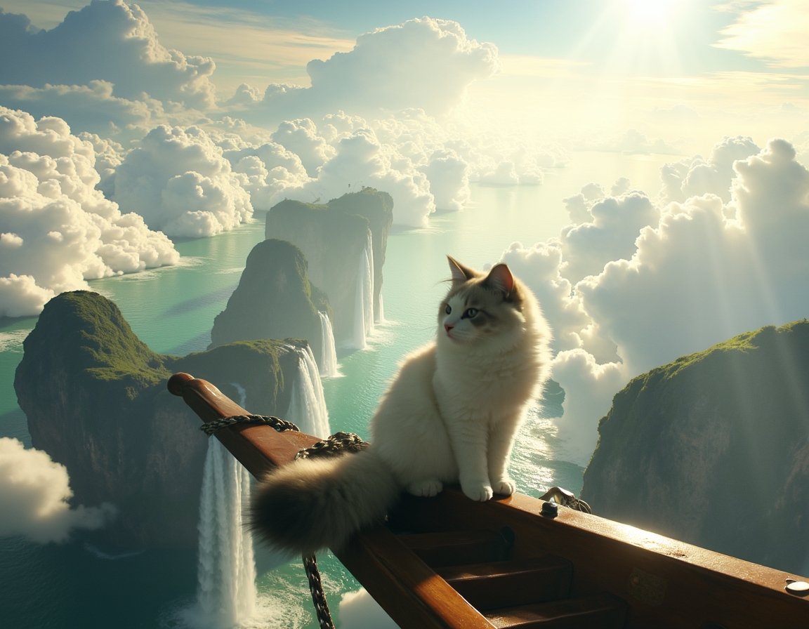 Cat captains a floating pirate ship that navigates between massive cloud-islands. Waterfalls spill over island edges, and mysterious winged creatures soar among the clouds, creating a thrilling, airborne fantasy voyage.